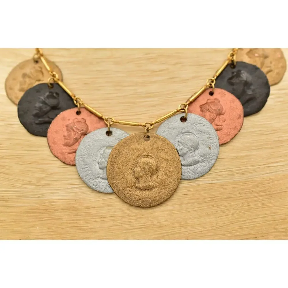 Vintage Coin Collar Necklace Multi-Tone Metal Dangle Silver Copper Gold BinA17